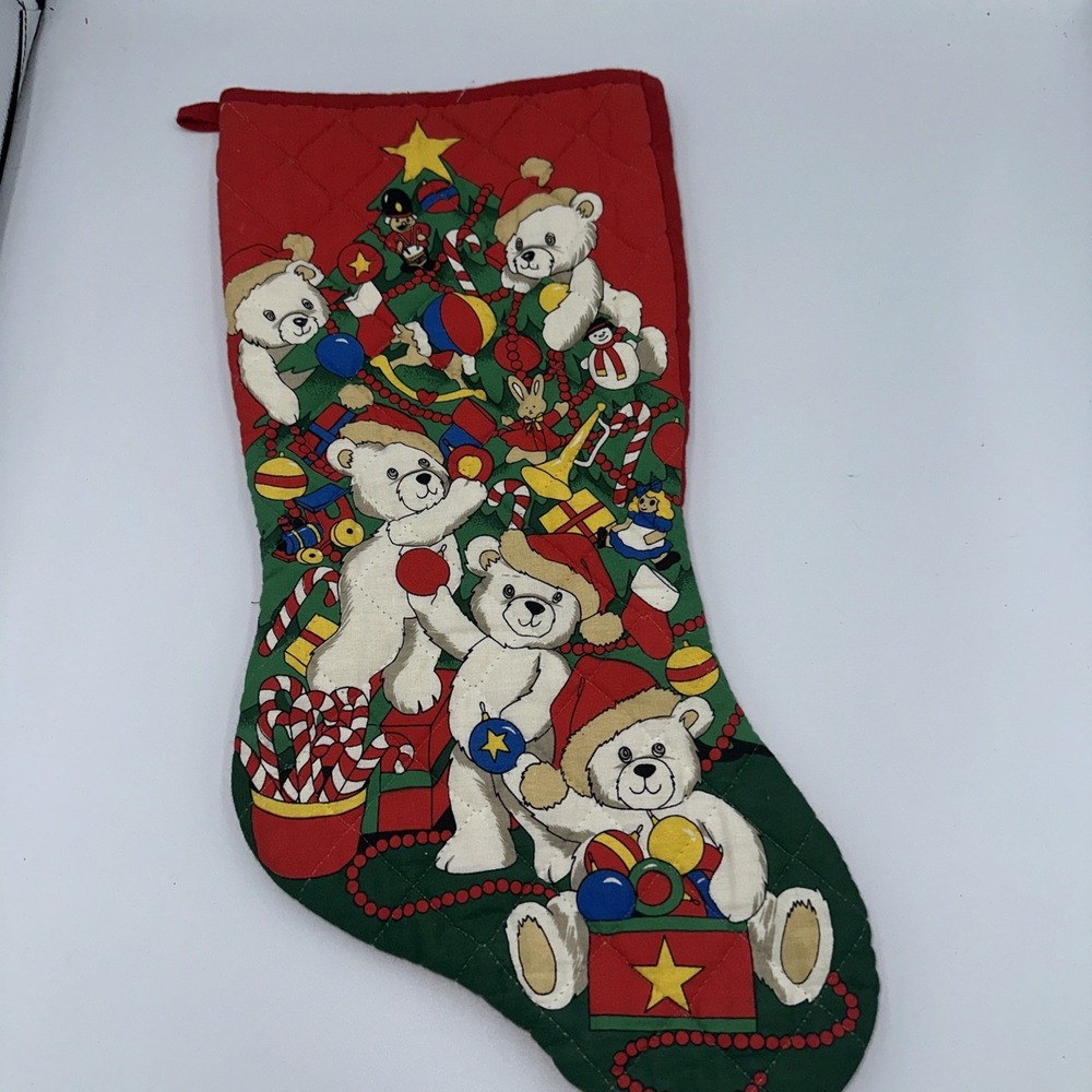 1989's Vintage Quilted Cotton Teddy Bear Christmas Stocking 18" Bag Toys Teddy